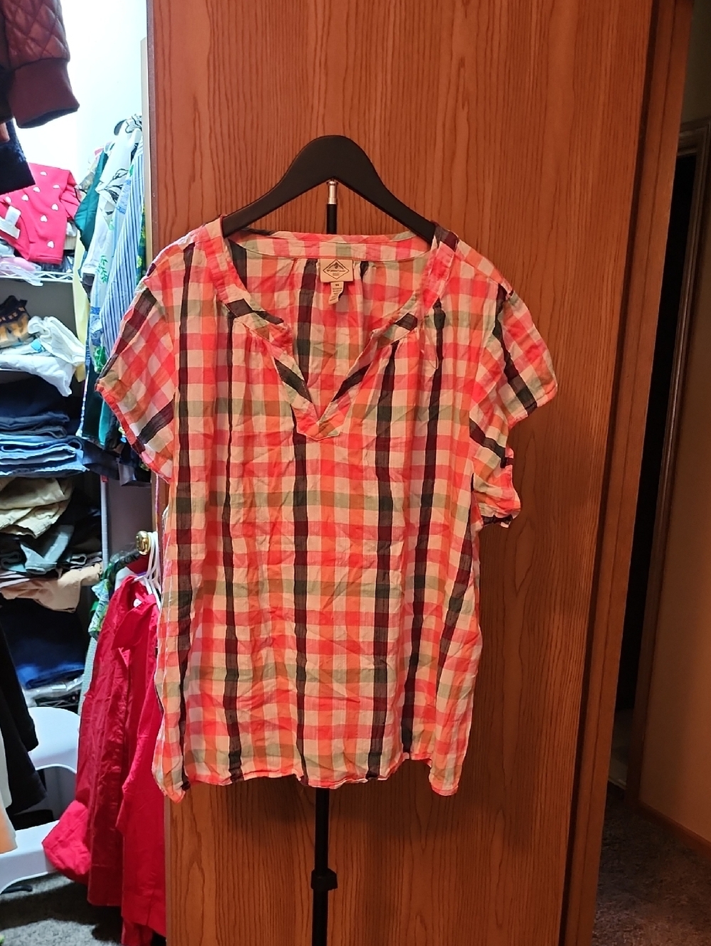 St. John's Bay Pink Multi Plaid Short Sleeve V-Neck Blouse